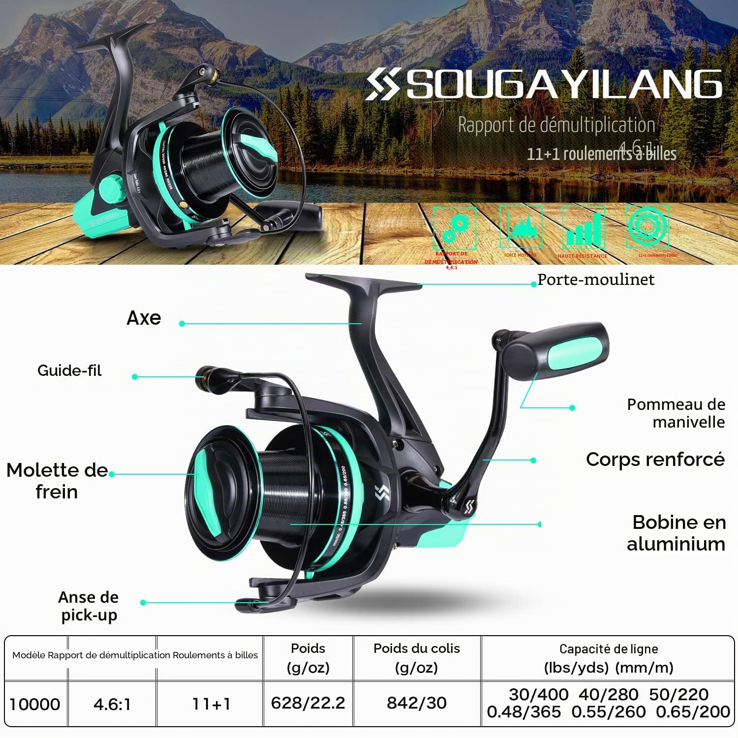 Sougayilang Surf Fishing Reel，11+1BB Stainlesss Spinning Reel, 10000 Series Super Powerful Drag, Oversize Line Capacity Spool for Saltwater/Freshwater Catfish Carp Fishing Reel