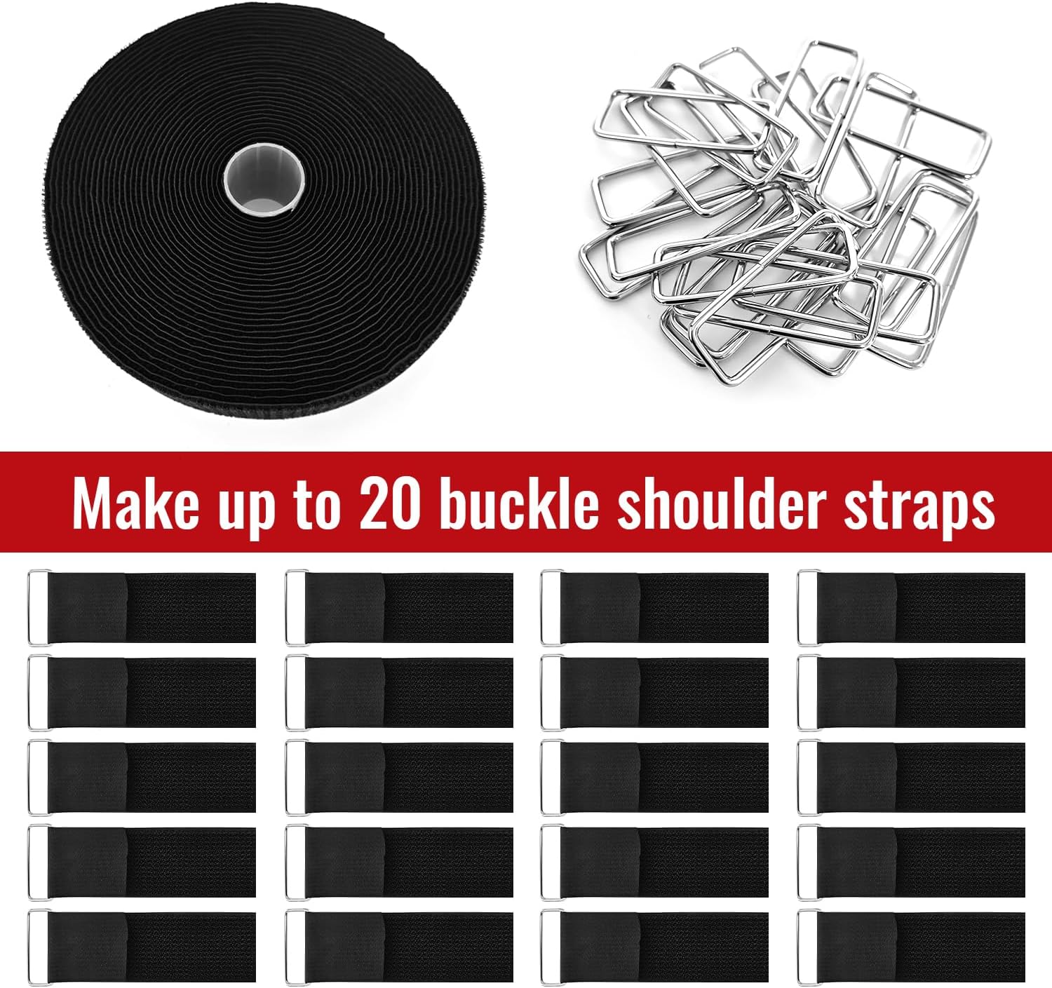 2" x32ft Hook and Loop Straps with Metal Buckles, Molle Cable Straps, Adjustable Fastening Cinch Strap, Reusable Nylon Securing Cord Ties, 2 inch Wide, Black with 20 Buckles