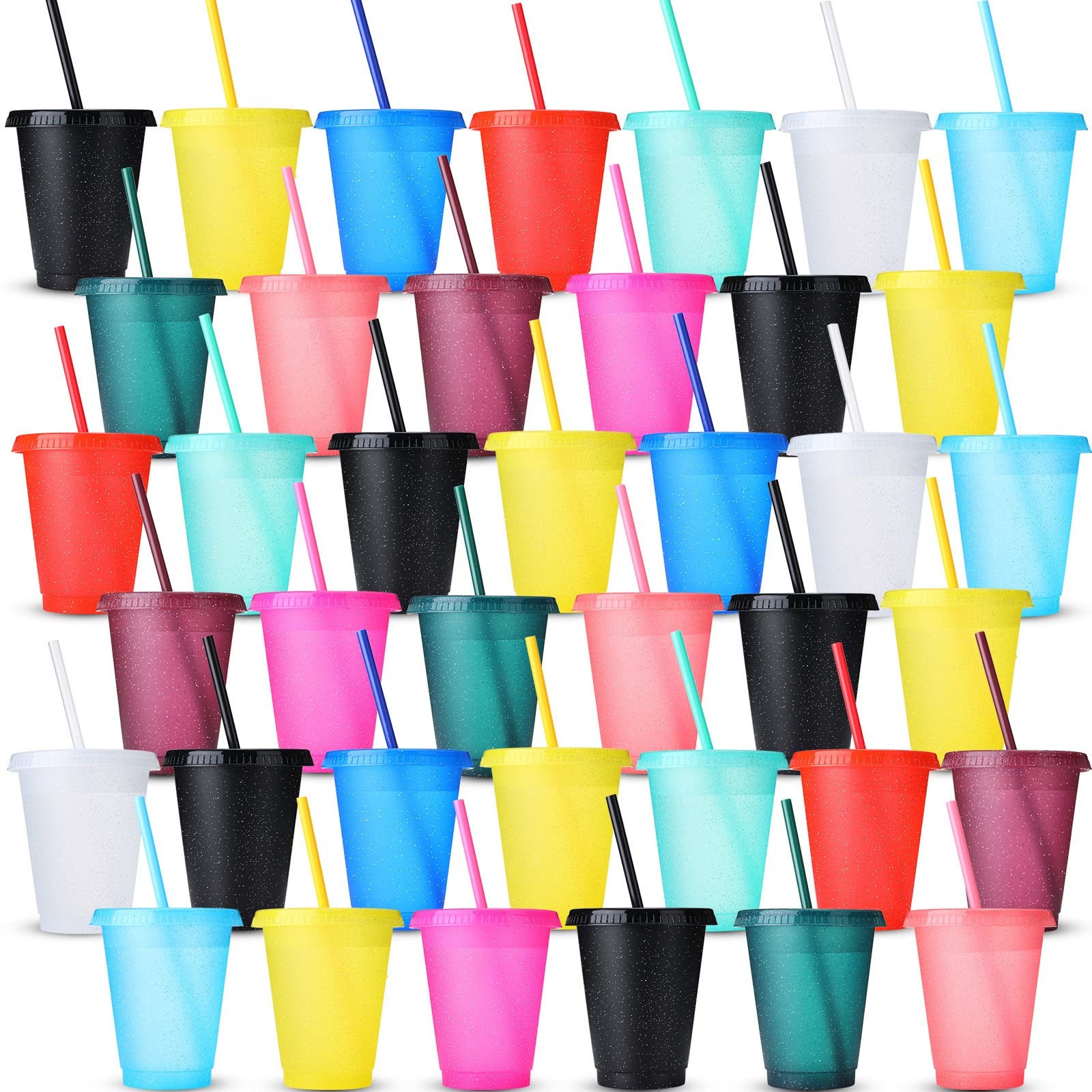 60 Pcs Reusable Tumbler with Straws and Lids 16 oz Glitter Plastic Cup with Lids and Straws Bulk Colorful Water Bottle Iced Coffee Cold Drink Travel Mug for Party Birthday