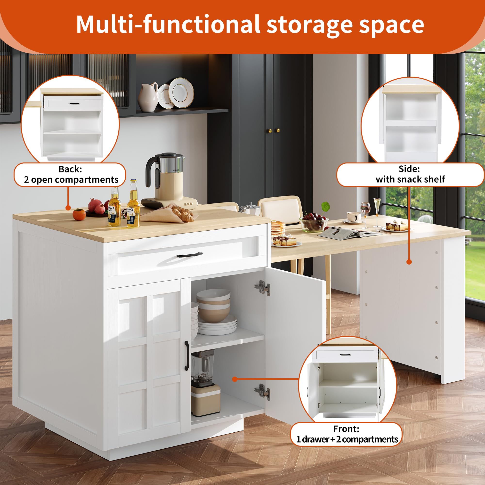 Zepneiy Table a Manger Extensible avec Espace de Rangement, Desserte Cuisine avec Deux tiroirs et Quatre Compartiments, Table Extensible pour îlot de Cuisine Blanc (133-202 × 70 × 93,5 cm)