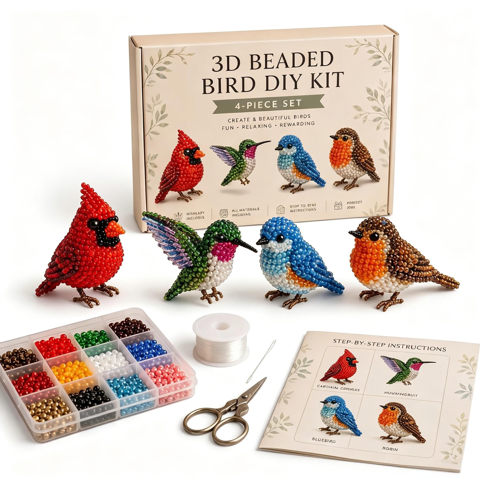 Tiny 3D Beaded Animals DIY Kit, 4 Designs Backyard Birds Beading Set