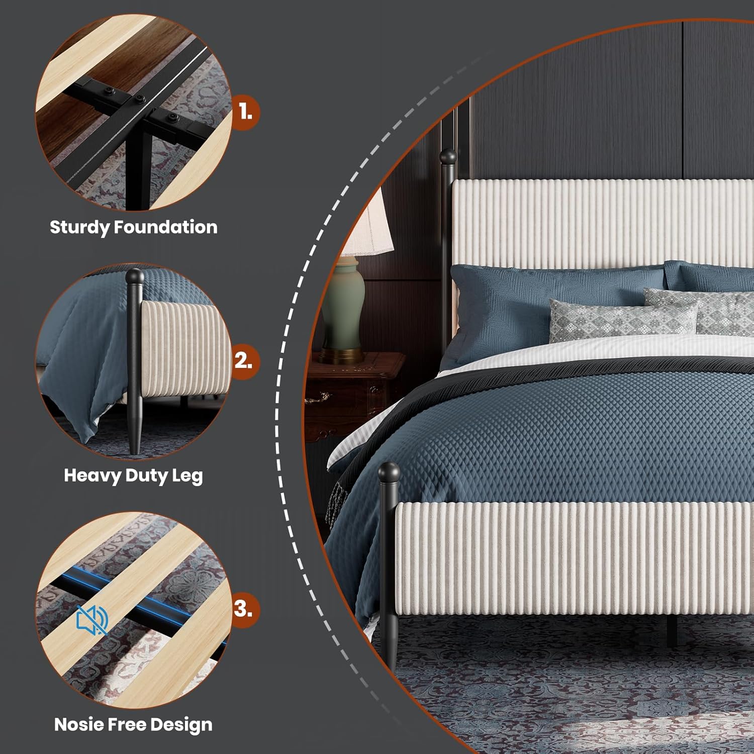 Garvee Queen Size Upholstered Bed Frame - with Velvet Headboard, Soft Corduroy Fabric Platform with Wooden Slats Support & Heavy Duty Feet, No Box Spring Needed, Noise Free, Easy Assembly, White