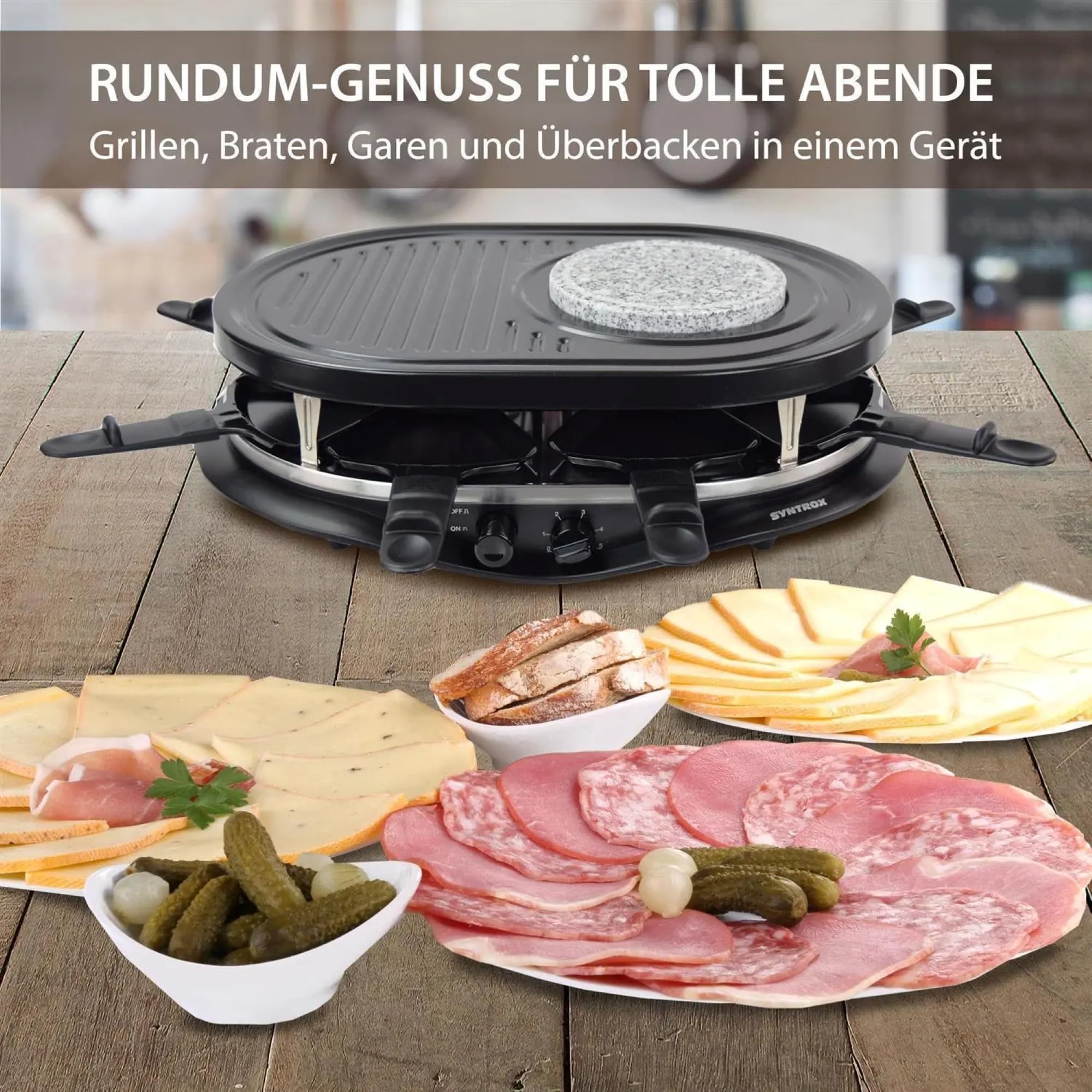 Syntrox Germany Raclette-Grill Locarno mit Fondue & Heißem Stein, 4-in-1 Raclette Set, Gesellige Abende, Kulinarische Vielfalt, Antihaftbeschichtung, Leichte Reinigung
