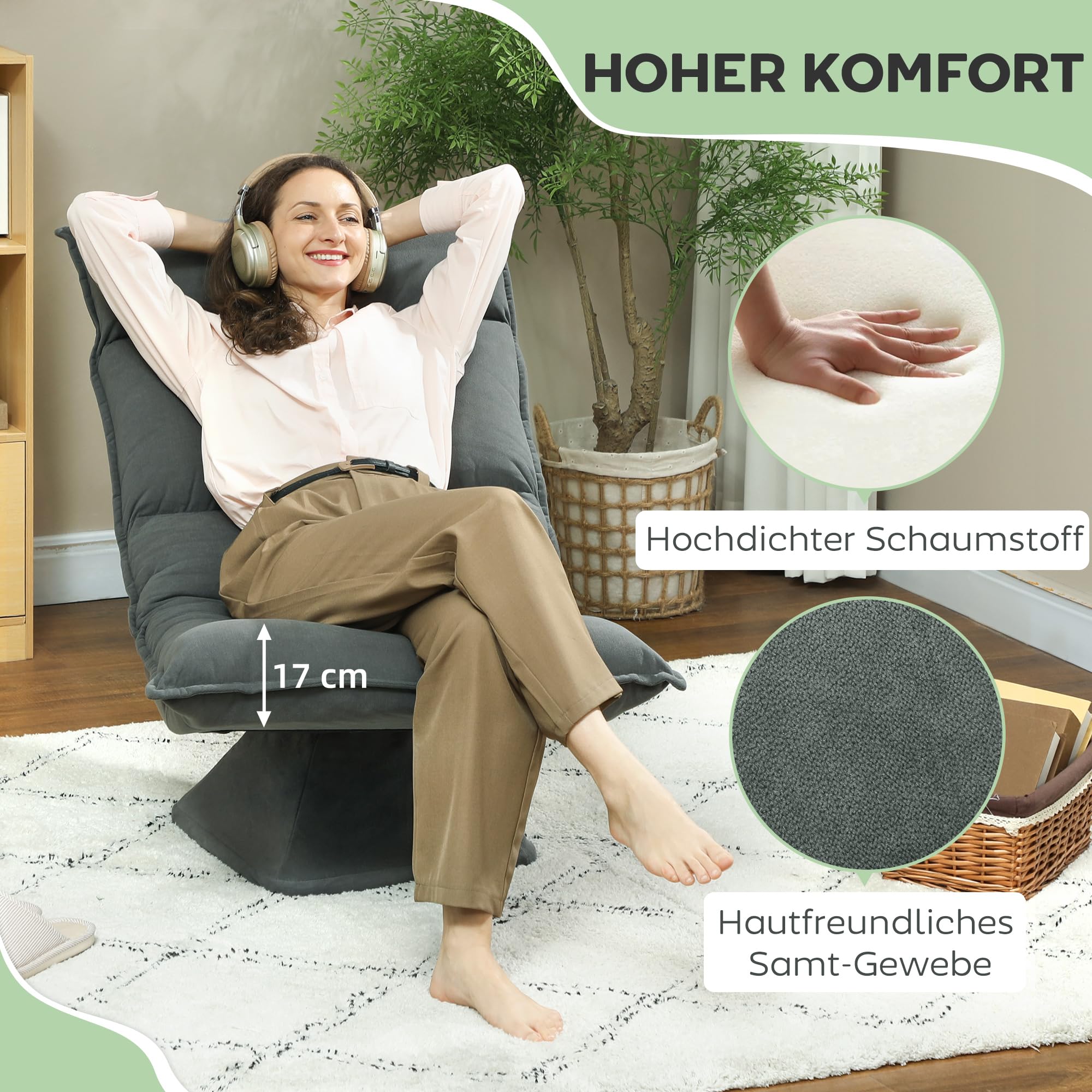 HOMCOM Bodenstuhl 360° Drehbar Bodensessel mit 5-Fach Verstellbarer Rückenlehne, Klappbares Bodensofa Meditationsstuhl Gepolstert Lazy Sofa für Wohnzimmer Gaming & Lesen Dunkelgrau