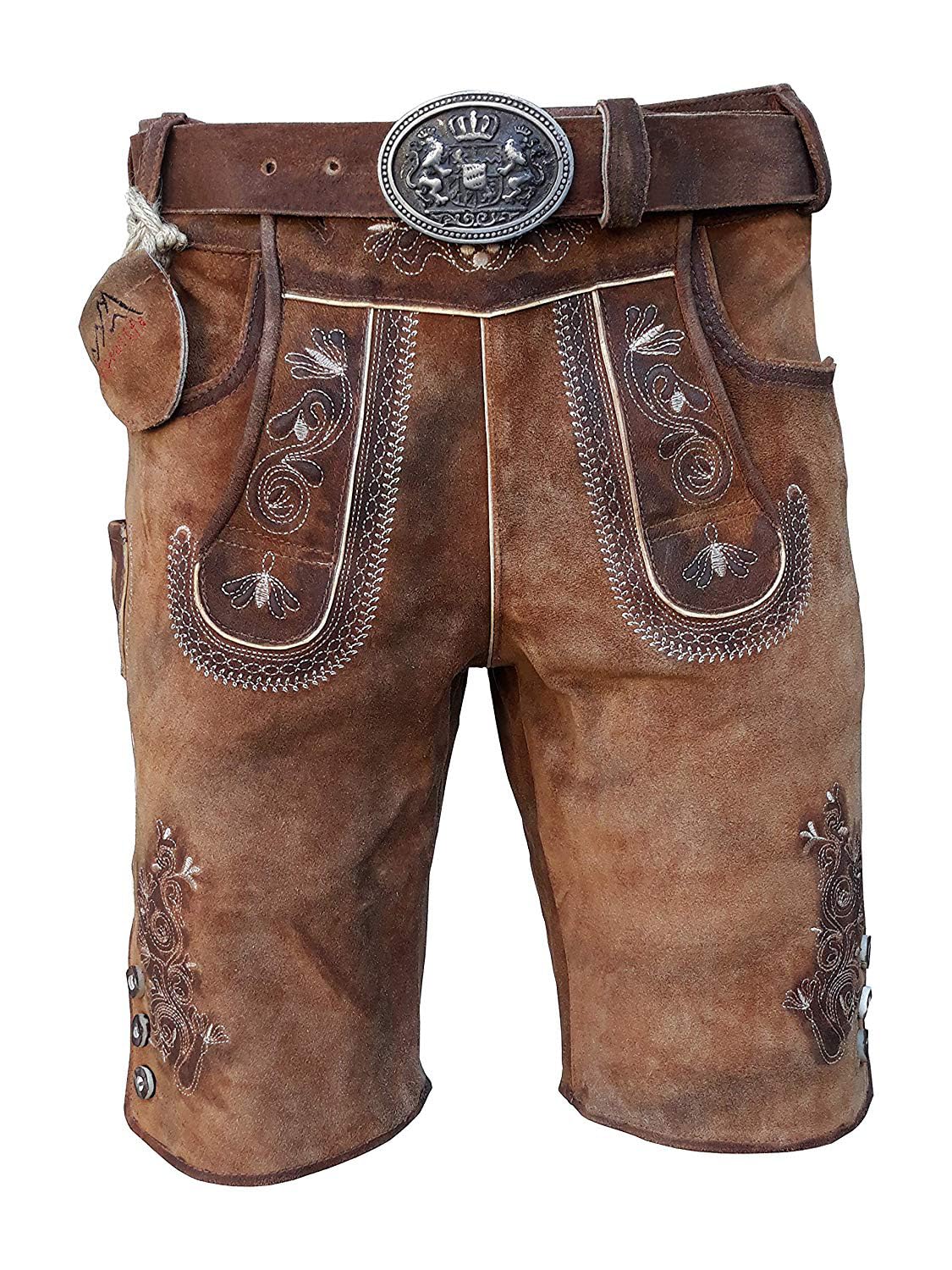 Alpenlife Kurze Herren Lederhosen Braun Speckig Antik Look Büffel Leder Oldtimer
