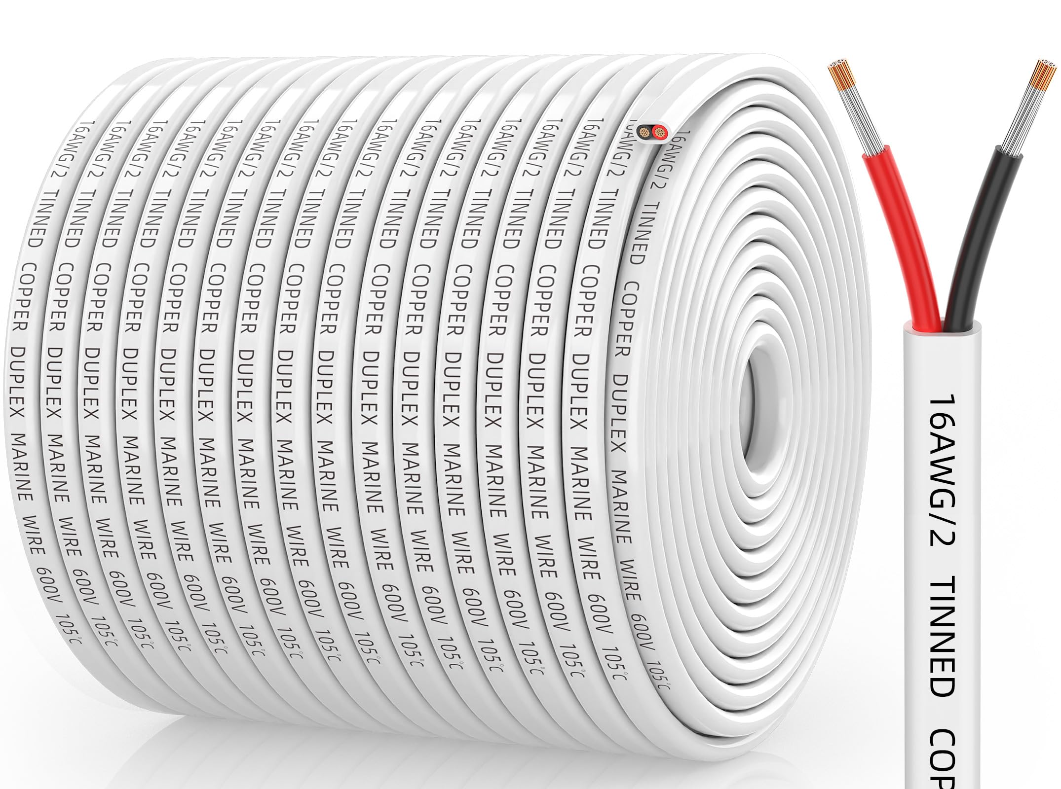 CONEPY 16 Gauge Marine Wire, 16/2 Duplex Marine Grade Cable, IP68 Waterproof/Oxygen-Free Tinned Copper Stranded PVC 16 AWG Wire for Boat, Automotive,