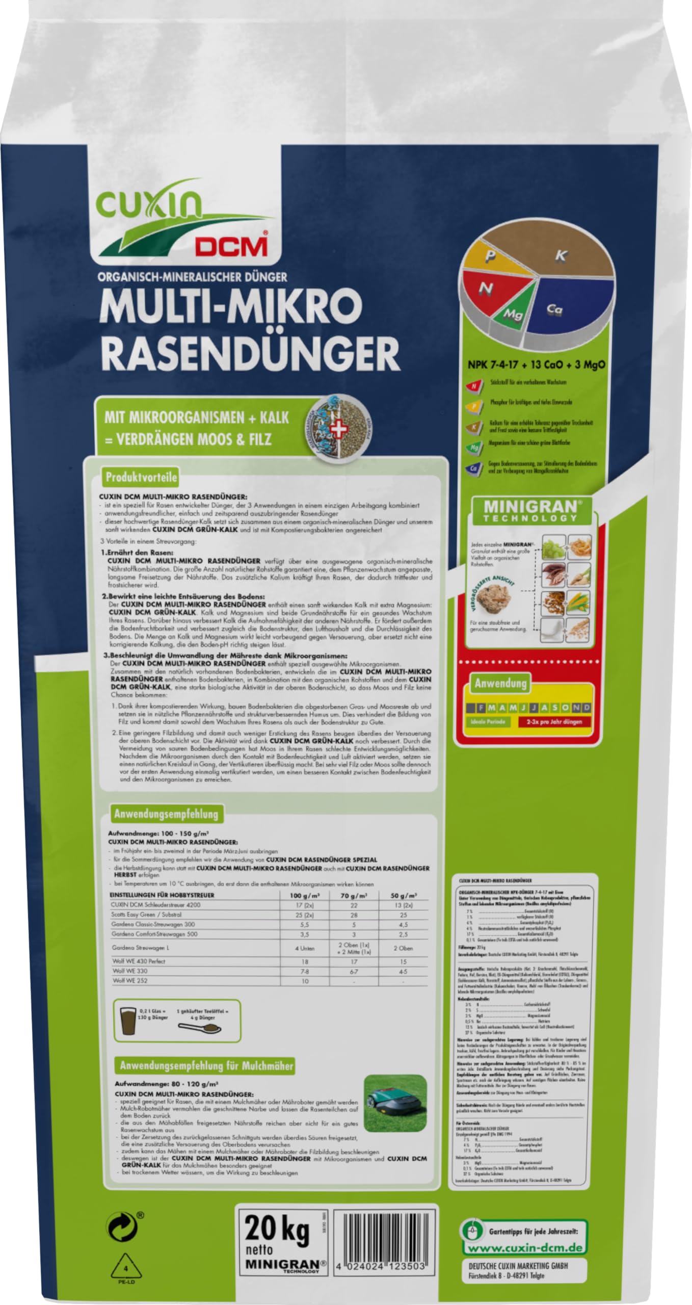 CUXIN DCM Multi-mikro nawóz do trawnika – długoterminowy nawóz do trawnika – w technologii MINIGRAN® – robot koszący – organiczno-mineralny nawóz NPK – 20 kg na 250 m²