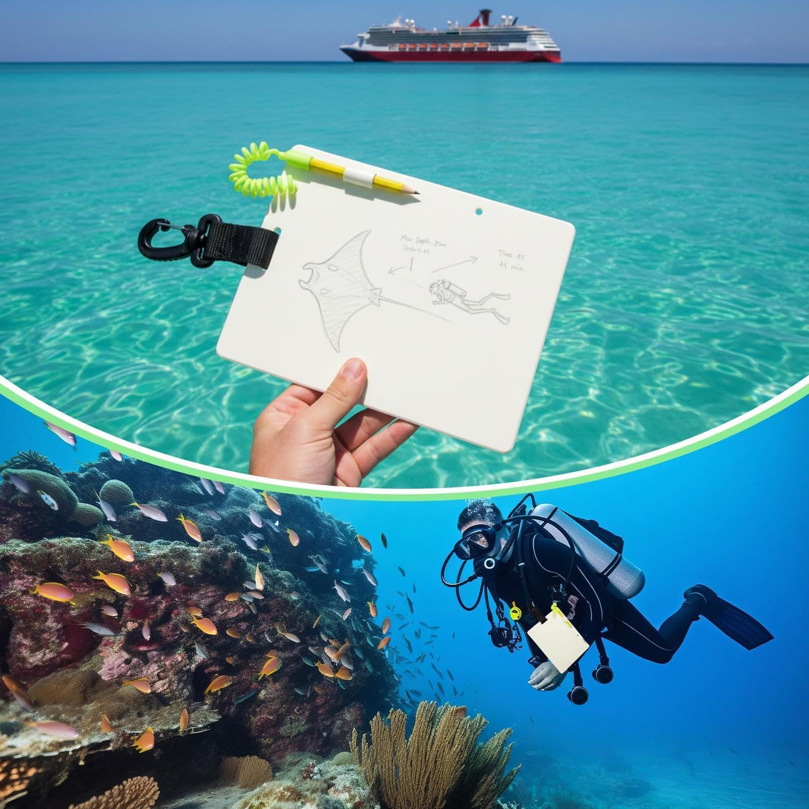 Generisch Tableau de plongée avec éclairage – Équipement de plongée portable et léger | Carnet sous-marin pour plongée avec tuba et plongée, pour plongeurs, spéléologistes et marins, excursions avec