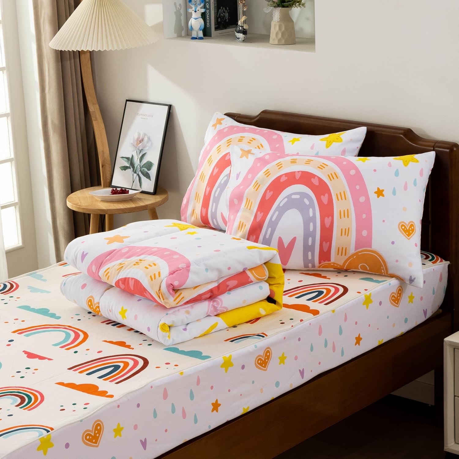 Btargot 3Pcs Sun Rainbow Theme Durable Zipper Bedding for Kids Boys Girls, Bed in a Bag, Twin Size