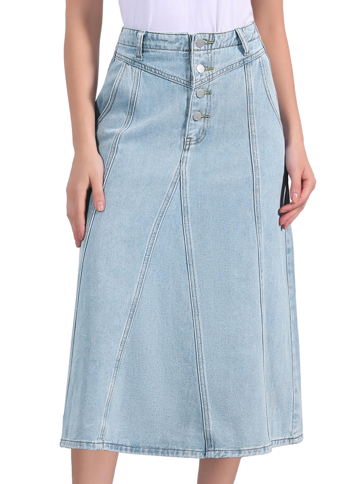 Allegra K Womens Casual Denim Skirts High Waisted A-Line Frayed Midi Skirt with Pockets