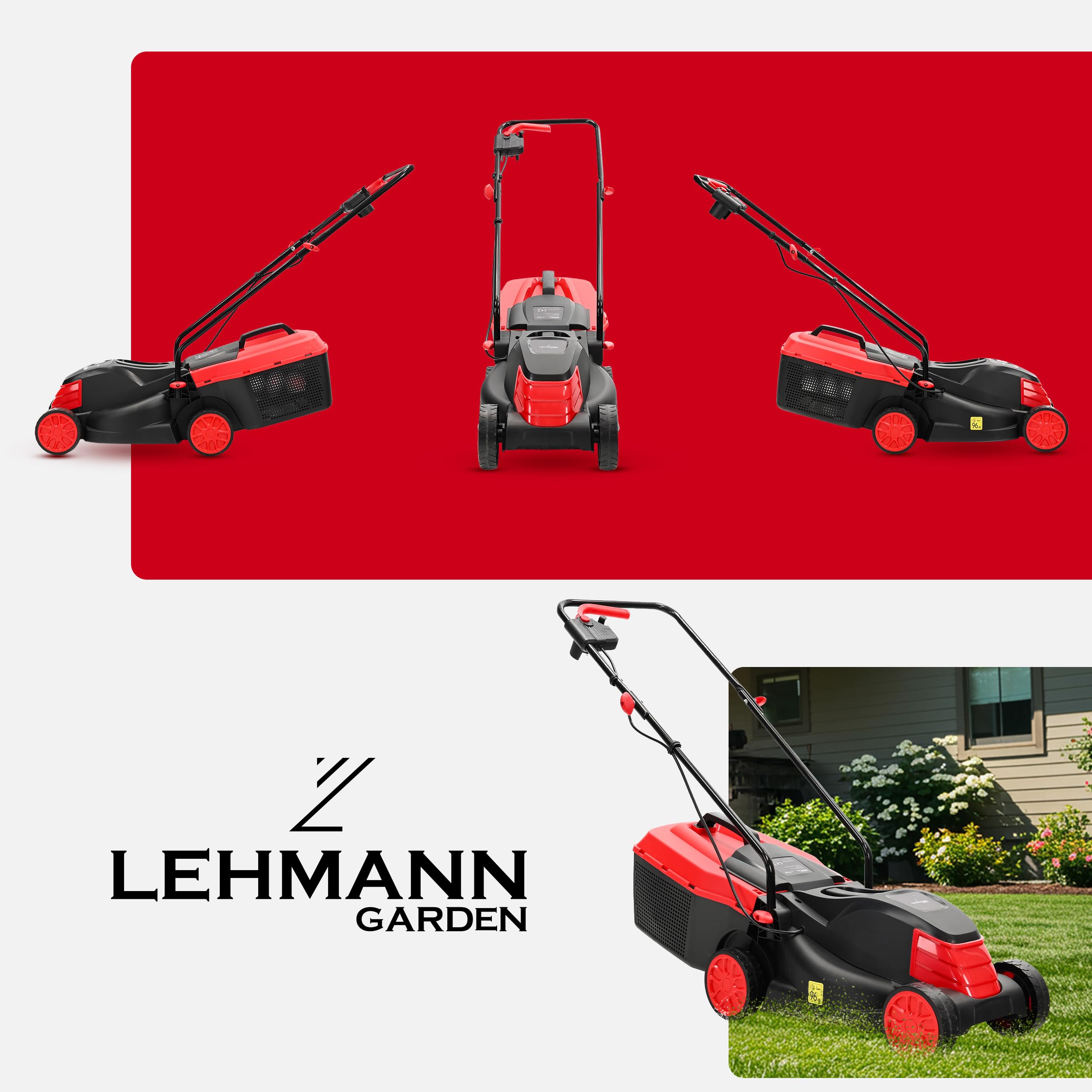 Lehmann Tondeuse à Gazon Électrique, 1200 W, Largeur de Coupe 32 cm, Bac de Ramassage 25 L, Réglage Hauteur de Coupe 3 Positions 25 à 65 mm, Jusqu’à 500 m², 3450 TR/Min