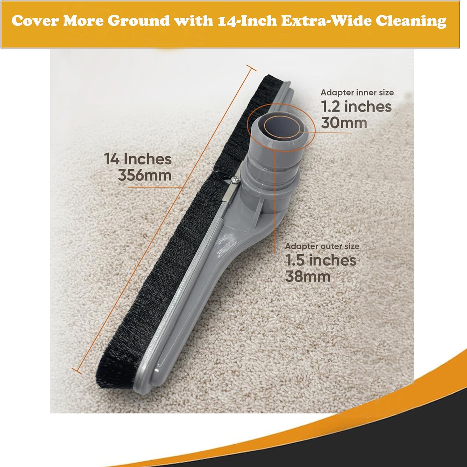 Replacement for Cen-Tec Systems 14” Natural Fill Floor Brush for Commercial Backpacks and Canister Vacuums with 2-Piece S-Wand, Gray