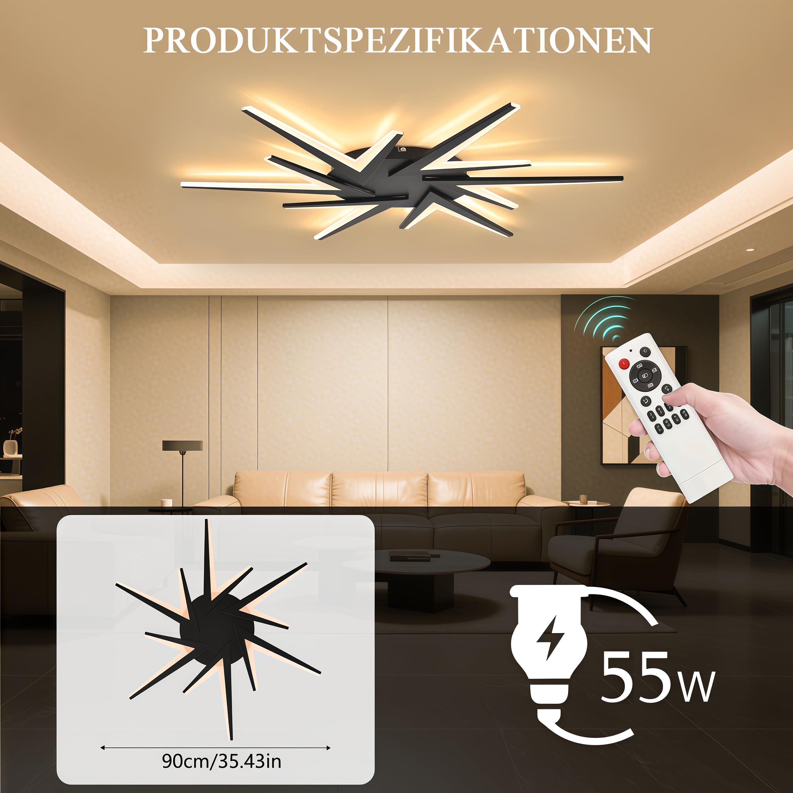 LED Deckenleuchte Dimmbar, 55W Deckenlampe LED mit Fernbedienung, 90cm Wohnzimmerlampe APP Farbwechsel, Moderne Deckenlampe Wohnzimmer Lampe wohnzimmer, Energie Sparen Dimming Lampen Schlafzimmerlampe