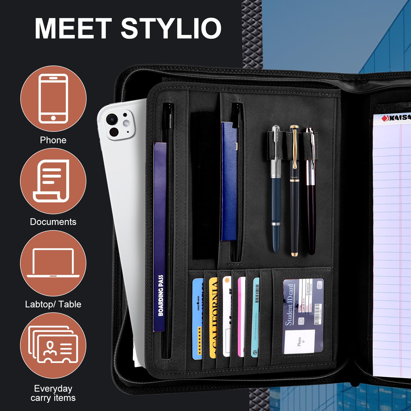 Porte-documents en cuir pour homme et femme | Porte-documents professionnel avec fermeture éclair | Porte-documents, planificateur, classeur de travail | Étui d'accessoires de travail de bureau (noir)