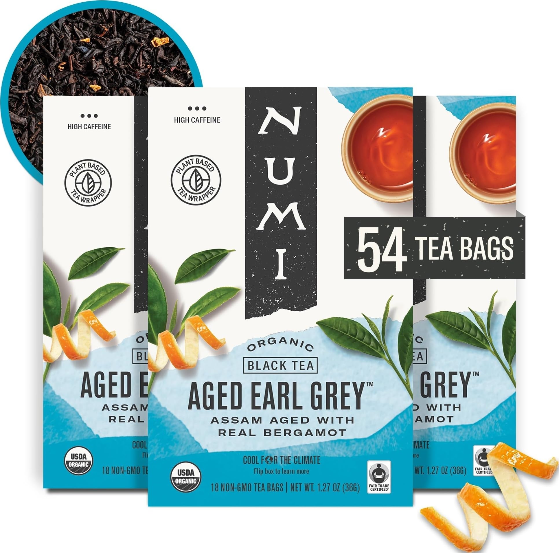 Numi Organic Tea Aged Earl Grey, Full Leaf Black Tea, 18 Count Tea Bags (Pack of 3)