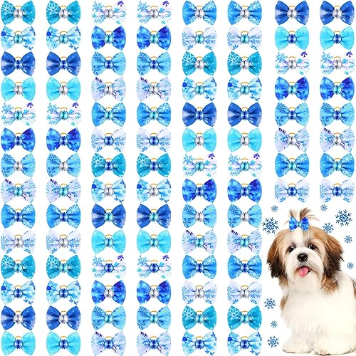 Paquete de 100 lazos de invierno para perros con bandas de goma, lazos de copo de nieve para cachorros, accesorios para el pelo de mascotas, lazos