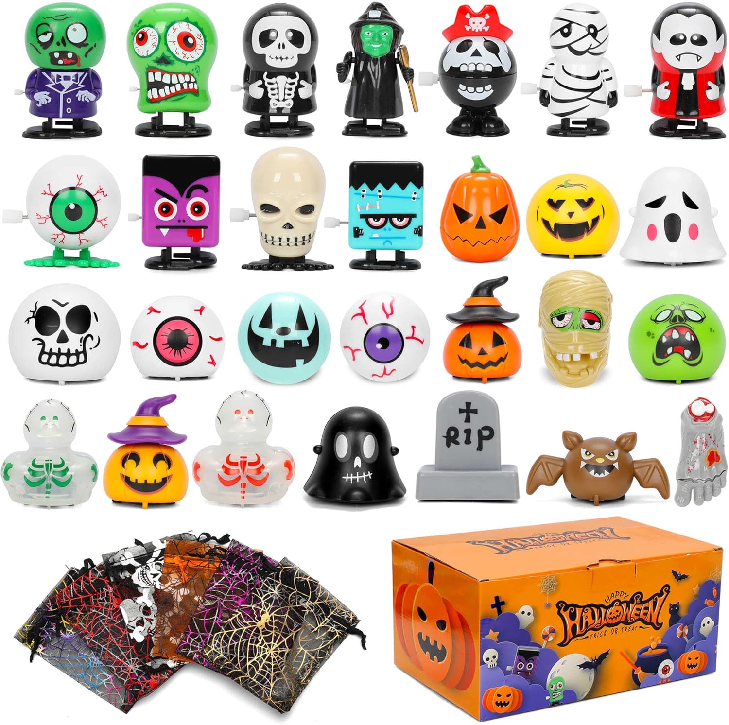 58 Pcs Halloween Wind Up Toy for Kids, Kids Wind Up Halloween Toys Assortments, Include 28 Toy and 30 Party Goodie Bags for Halloween Favors Supplies, Trick or Treat Halloween Goody Bags Filler