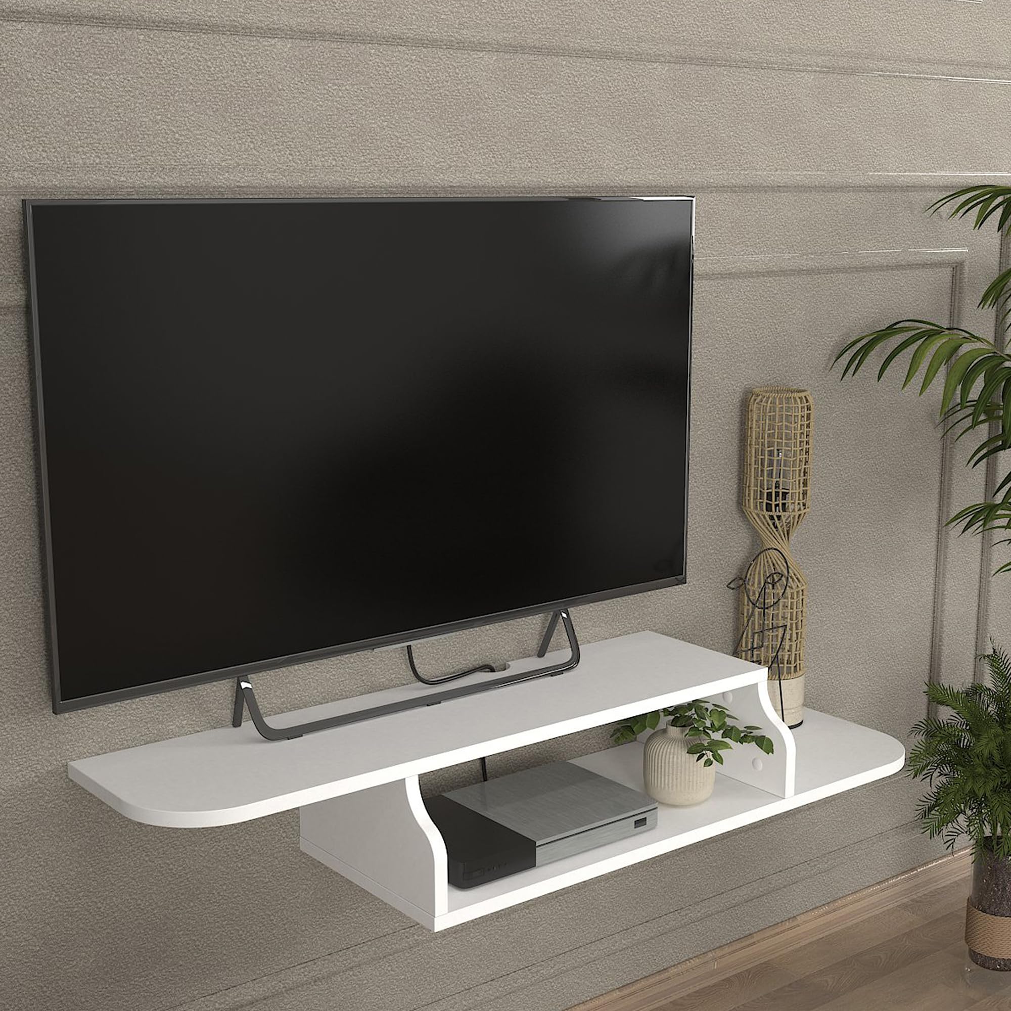 [en.casa] TV Lowboard hängend Kershaby Schweberegal für Fernseher Wohnzimmer Medienregal mit 1 offenen Fach 120 x 30 x 19 cm Weiß