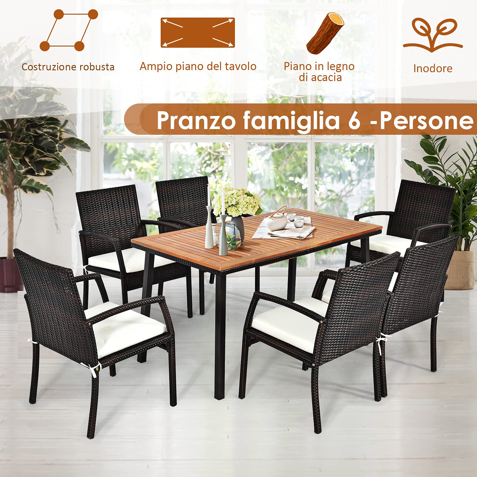 COSTWAY Tavolo da Giardino in Legno di Acacia, Tavolo Rettangolare con Struttura in Acciaio e Foro per Ombrellone, Tavolo da Pranzo Giardino Ideale per Giardino Cortile Balcone (140 x 75 cm)