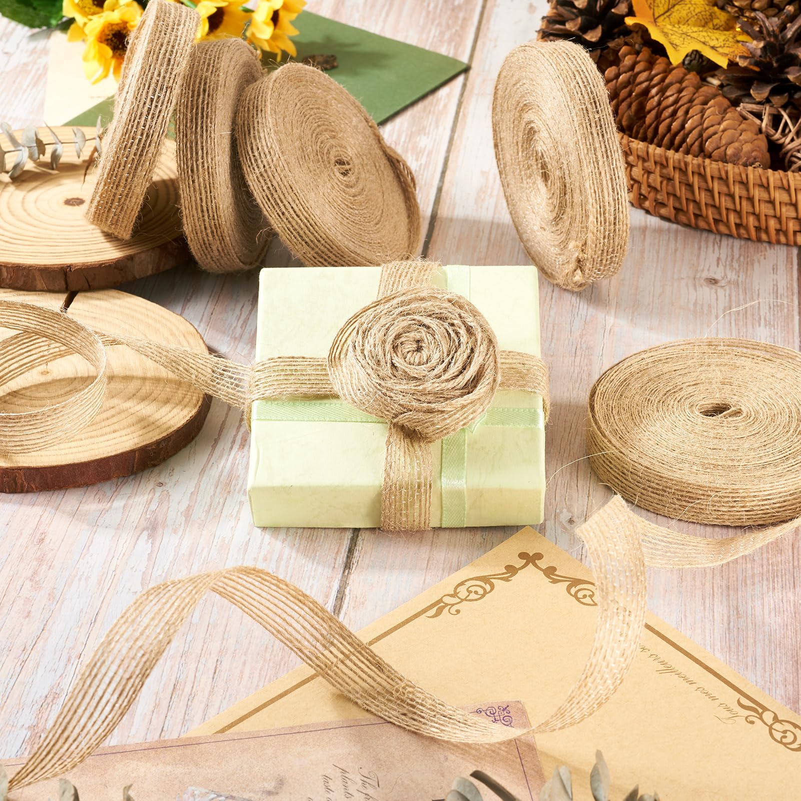 Spritewelry 55 Yards Burlap Fabric Ribbon 5/8 inch(15mm) Wide Natural Jute Tan Linen Fabric Ribbon Christmas Ribbon DIY Craft Trim Ribbon Brown Rustic Ribbon for Floral Gift Wrapping Decor - Image 2