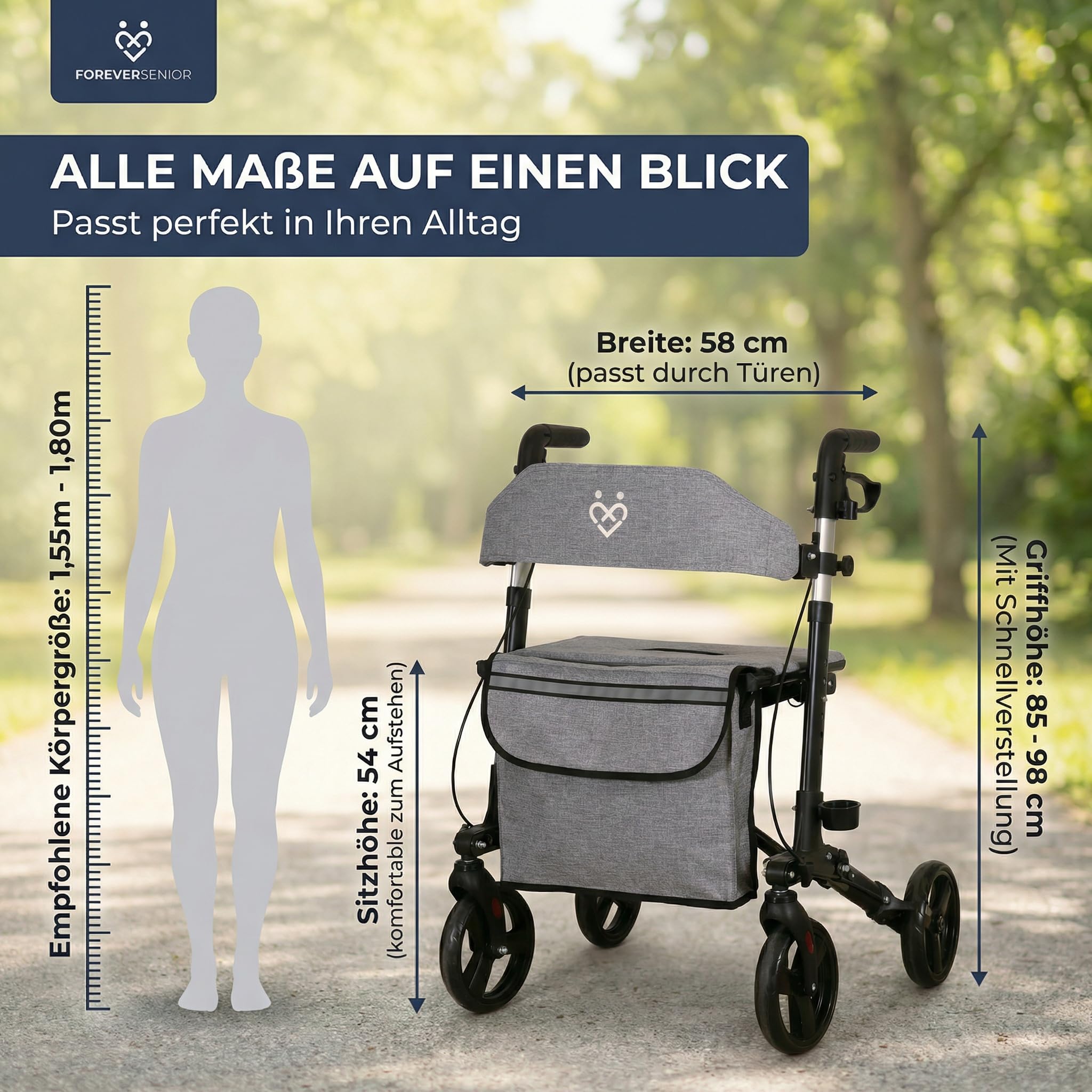 Rollator - 3-fach faltbar und leicht mit Sitz und All Gelände Reifen, schmaler 7,2kg Reiserollator zum Klappen für Senioren