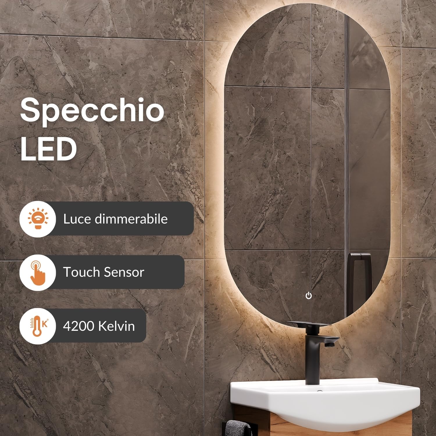 Planetmöbel Set di mobili da bagno lavabo con mobiletto 45 x 60 x 33 cm, specchio con illuminazione 50 x 90 cm per WC ospiti, rovere oro