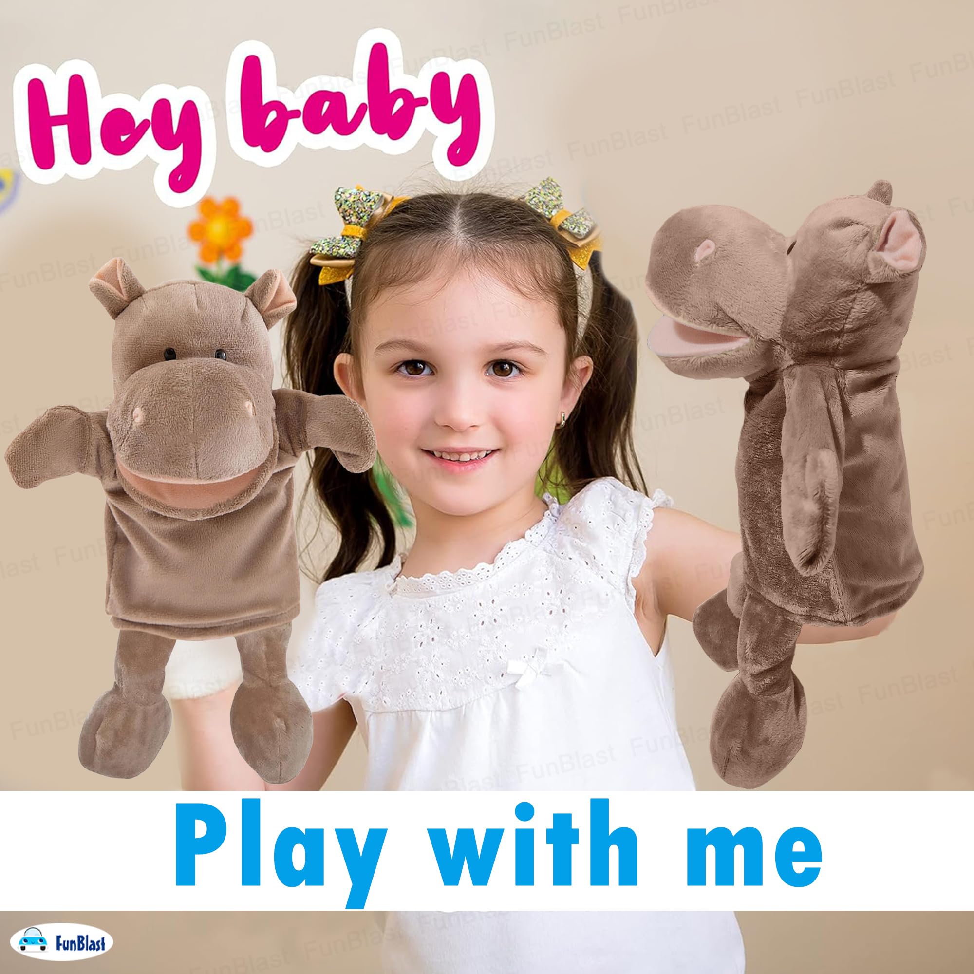 FunBlast Hand Puppets for Kids – Cute Animal Soft & Interactive Plush Puppets for Storytelling, Role Play & Learning Toys, Perfect for Toddlers & Children (Hippo) 1