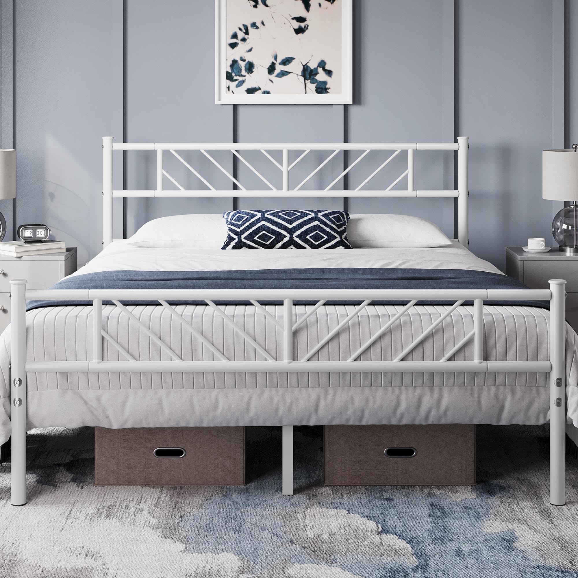 Yaheetech 5ft King Bed Frames Metal Slatted Bed Platform with Modern Headboard, Under-bed Storage, No Box Spring Needed, for Home Bedroom White