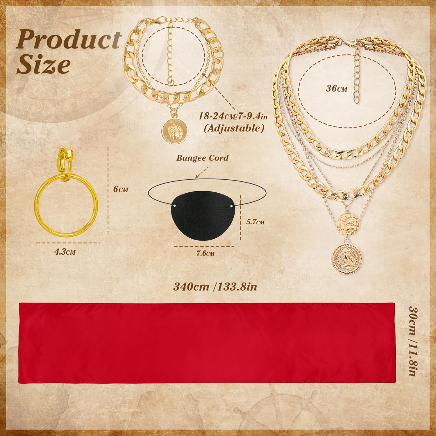 CICOCI Men Pirate Costume Accessories Set for Women: Pirate Hat, Head Scarf, Sash, Belt, Dress Accessories - Gold - Image 3