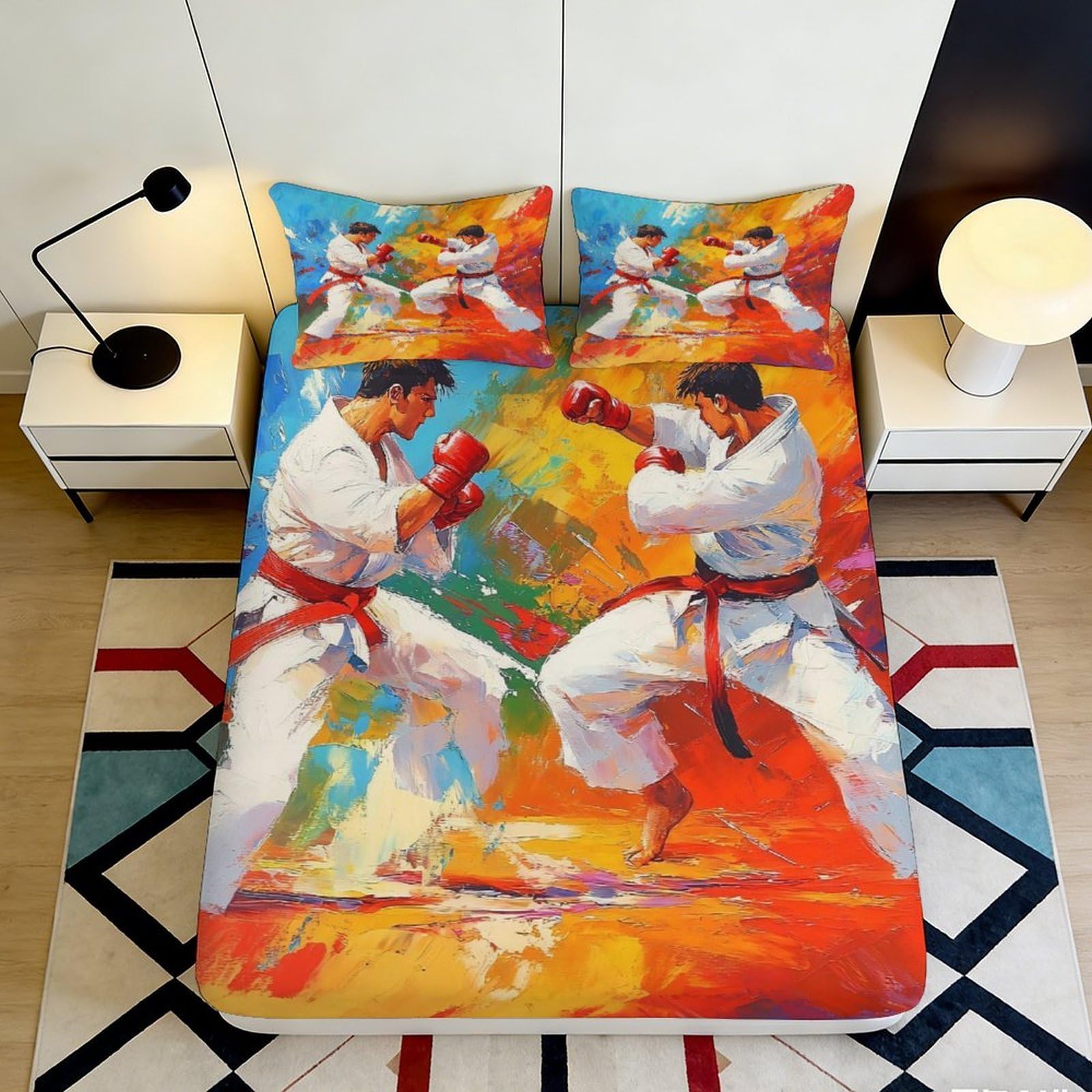 Pnayamiorkfel Style-5 3D Printed Karate Fighters Fitted Sheet Microfiber Artistic Colorful Bed Cover For Bedroom Guestroom Dorm Decor 90X200x25cm