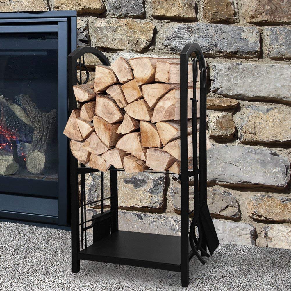 Amagabeli Fireplace Log Rack 16 x 29.2 x 12inch with 4 Fireplace Tools