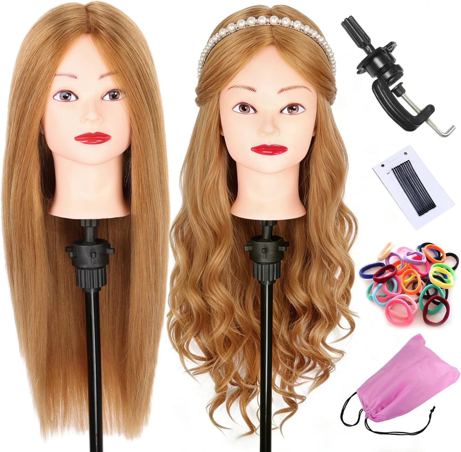 Mannequin Head with Human Hair 22-24 Inch Cosmetology Manikin Doll Head with 60% Blonde Real Hair for Hairstylists Cosmetology Students Practice Styling with Clamp Holder