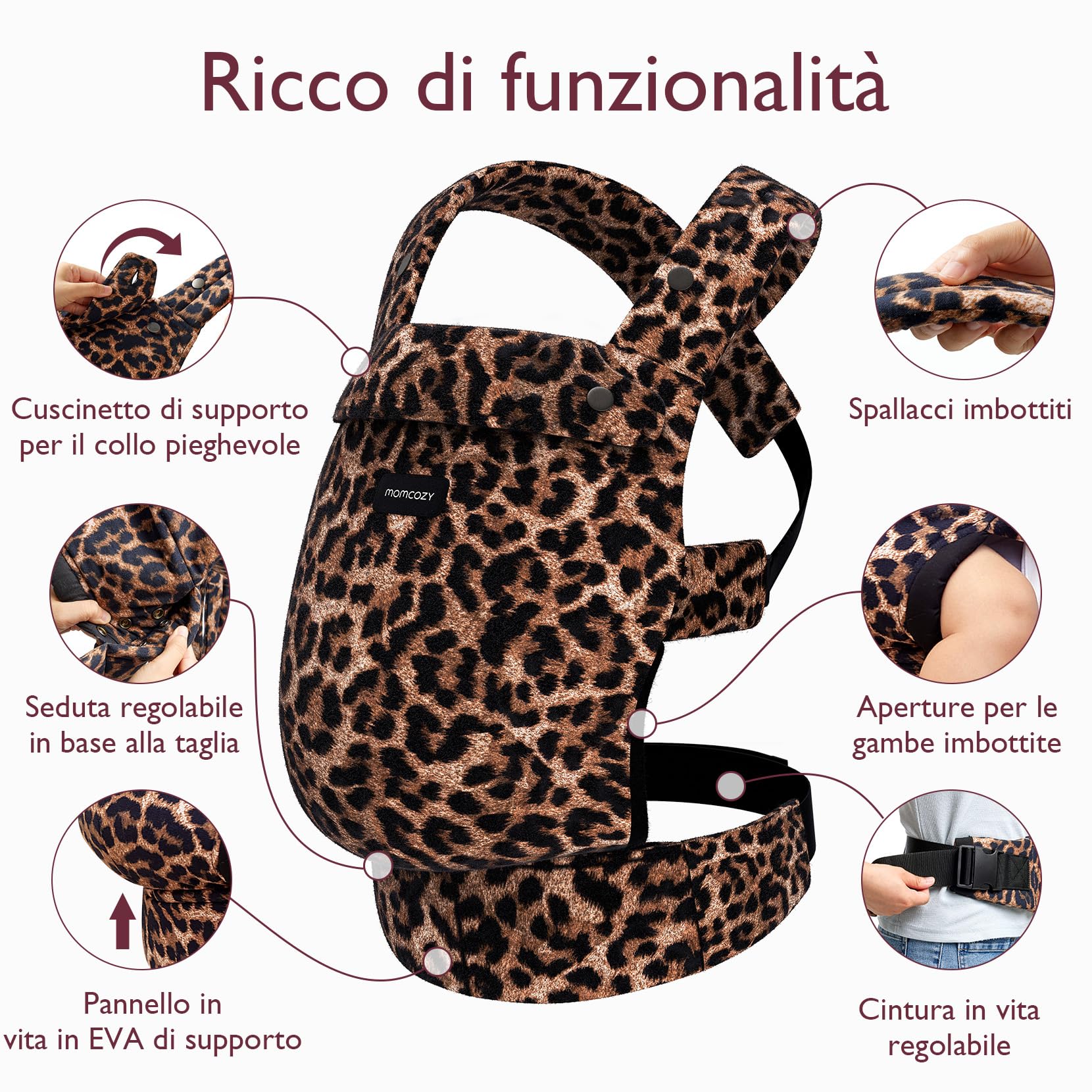 Marsupio Momcozy - Ergonomico, confortevole e leggero, per bambini da 3 a 20 kg(3-24 mesi), facile da indossare, ideale per genitori a mani libere, Leopardo