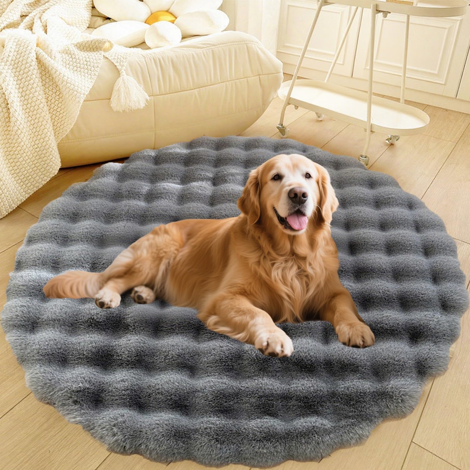 Divano per Cani E Gatti Con Fondo Antiscivolo, Tappeto Rotondo Lavabile, Moderno Letto A Pelo Lungo Da Posizionare Accanto Al Pavimento, Tappetino per Soggiorno(Gray,43in)