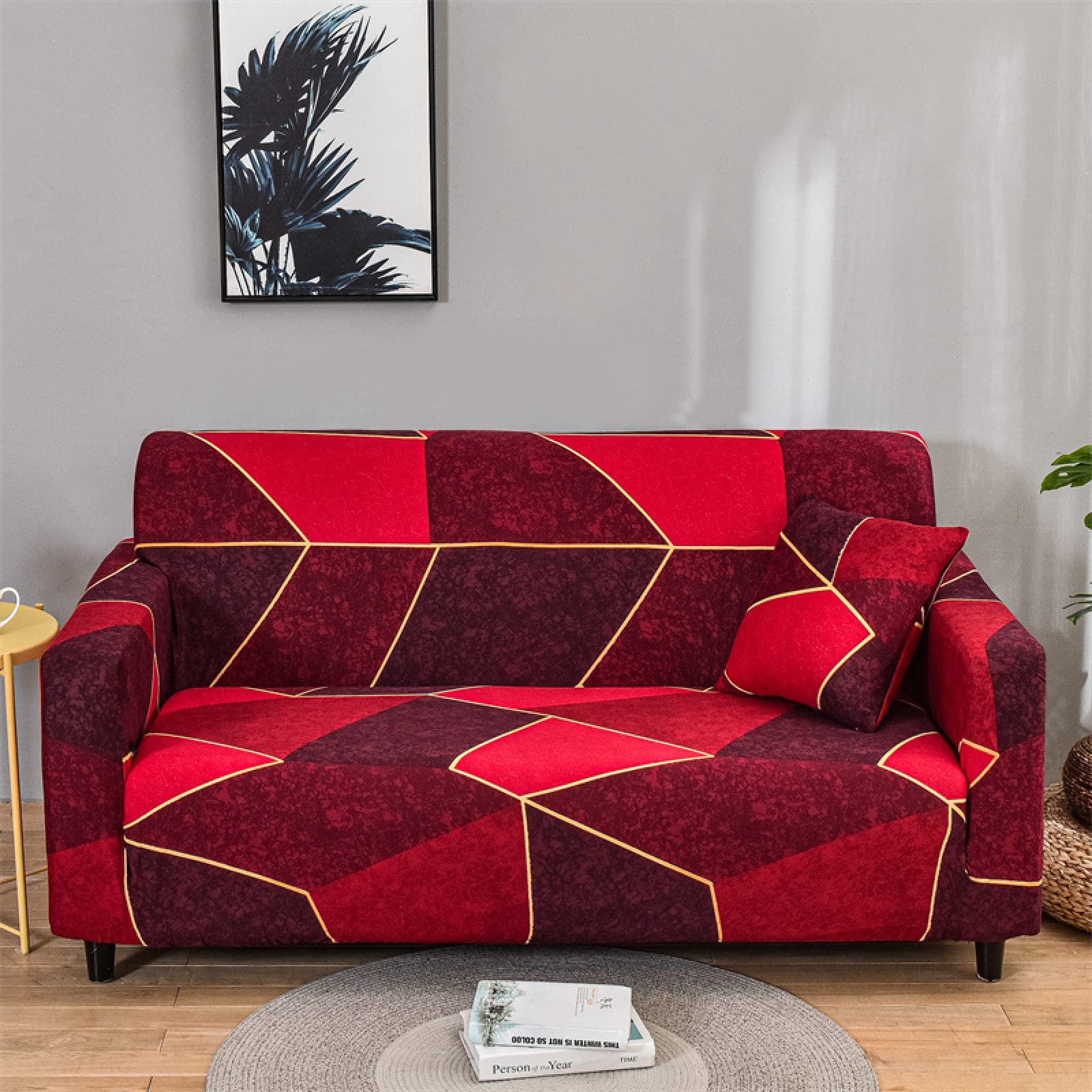 2 Seater Sofa Cover Red Geometry Stretch Sofa Covers Spandex Settee Covers 2 Seater Washable Sofa Protectors from Pets Non Slip Covers for Sofas All Seasons Couch Cover with Elastic Strap