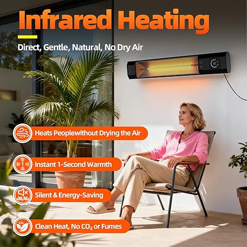 Miniatura 4 de Calentador eléctrico infrarrojo de pared de 34 pulgadas y 1500 W para patio con control remoto y sensor de movimiento, 9 niveles de calor,
