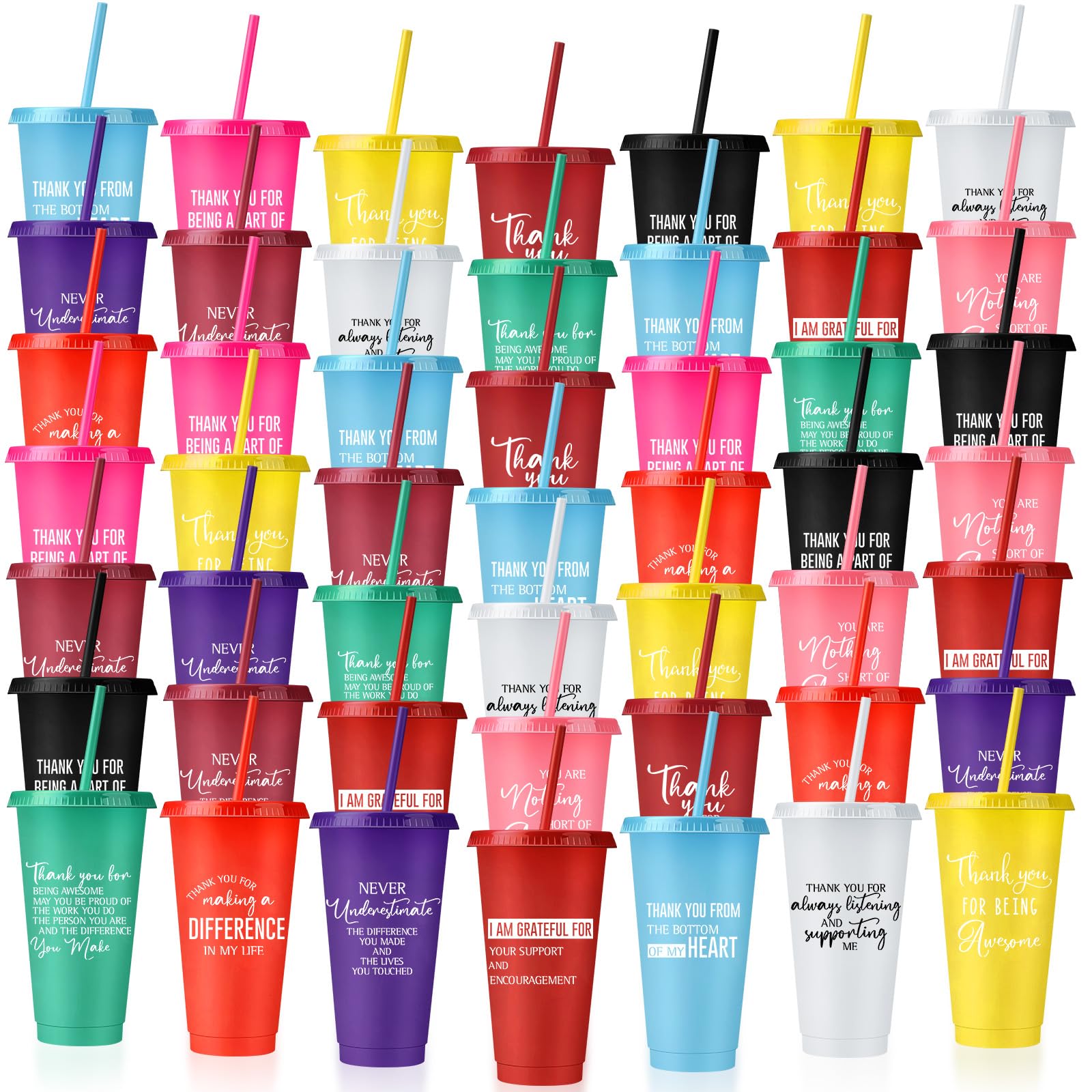 Nuenen Lot de 50 gobelets de reconnaissance des employés avec paille et couvercle - Bouteille d'eau en plastique pour café glacé - 710 ml - Gobelets de remerciement inspirants pour collègue de travail