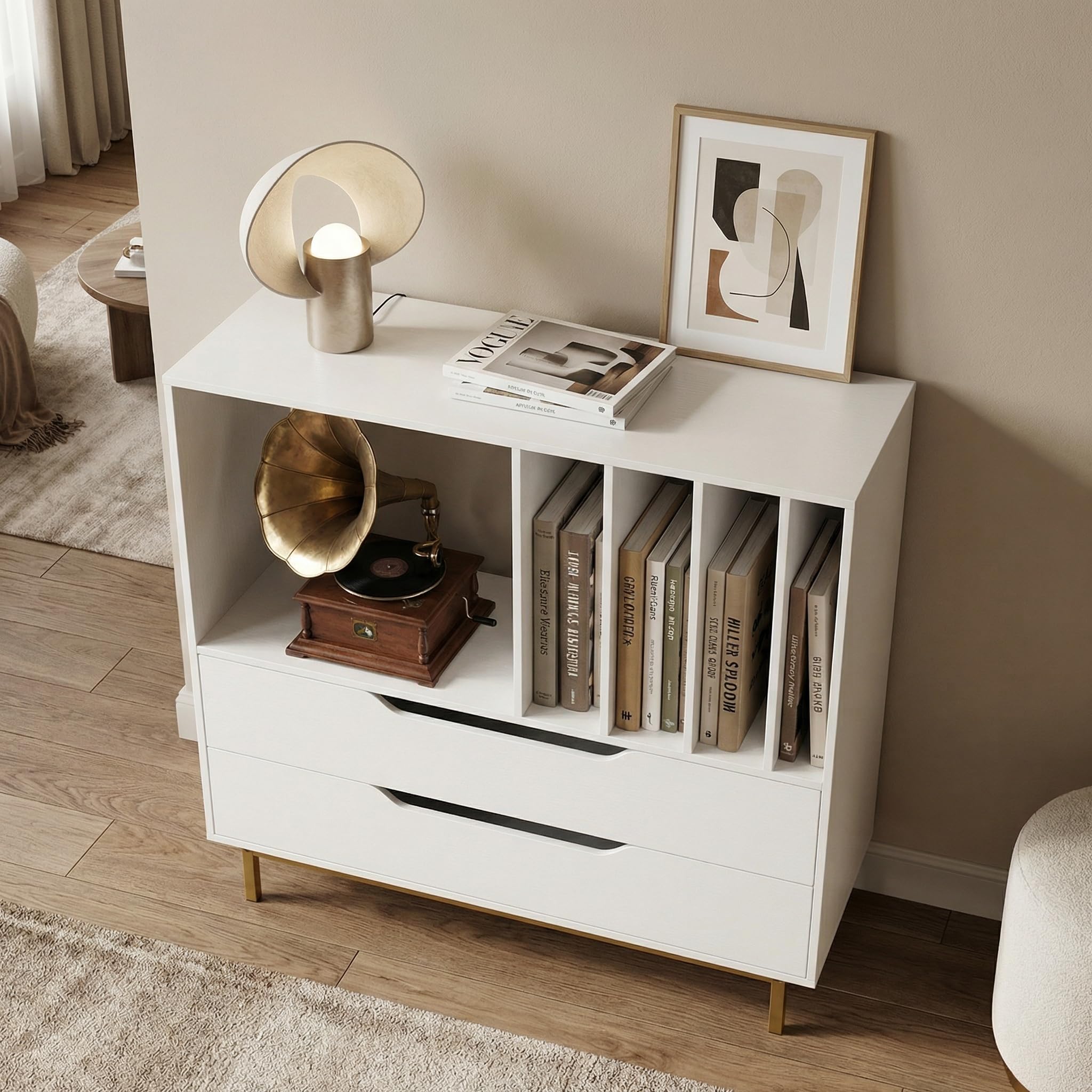 KOMFOTTEU Mueble para Tocadiscos con Compartimento Abierto y 2 Cajones, Soporte de Discos de Vinilo con Patas de Metal, Expositor para Discos para Dormitorio, Salón, Estudio, 91 x 36 x 87 cm (Blanco)