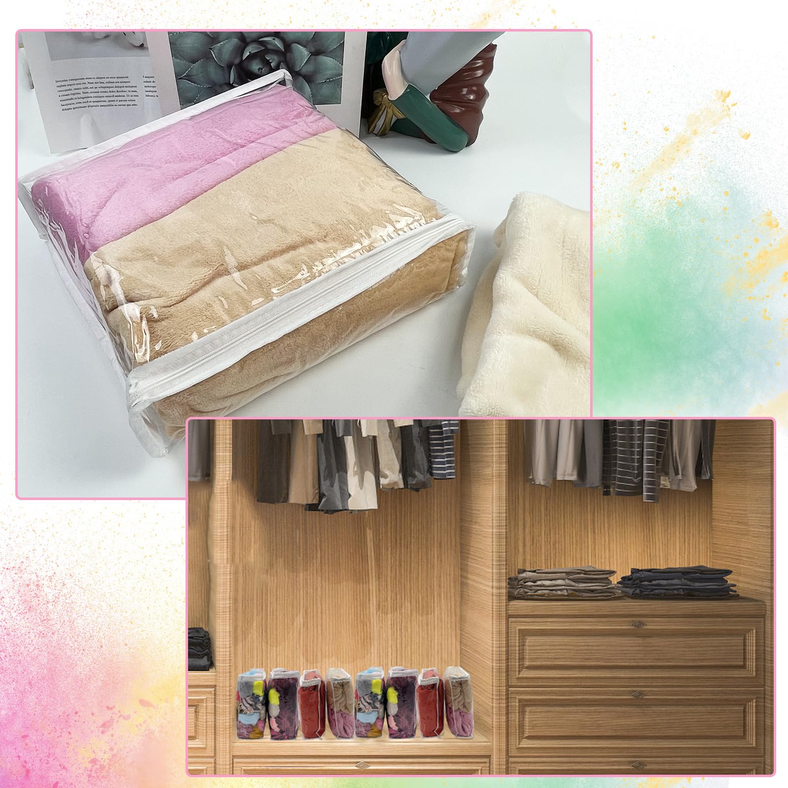 Rainmae Lot de 20 Sacs de Rangement Transparents pour Vêtements, 26 x 26 x 6 cm, Sac Organiseur Pliable en Vinyle pour Pulls, Literie, Organiseur de Garde-Robe