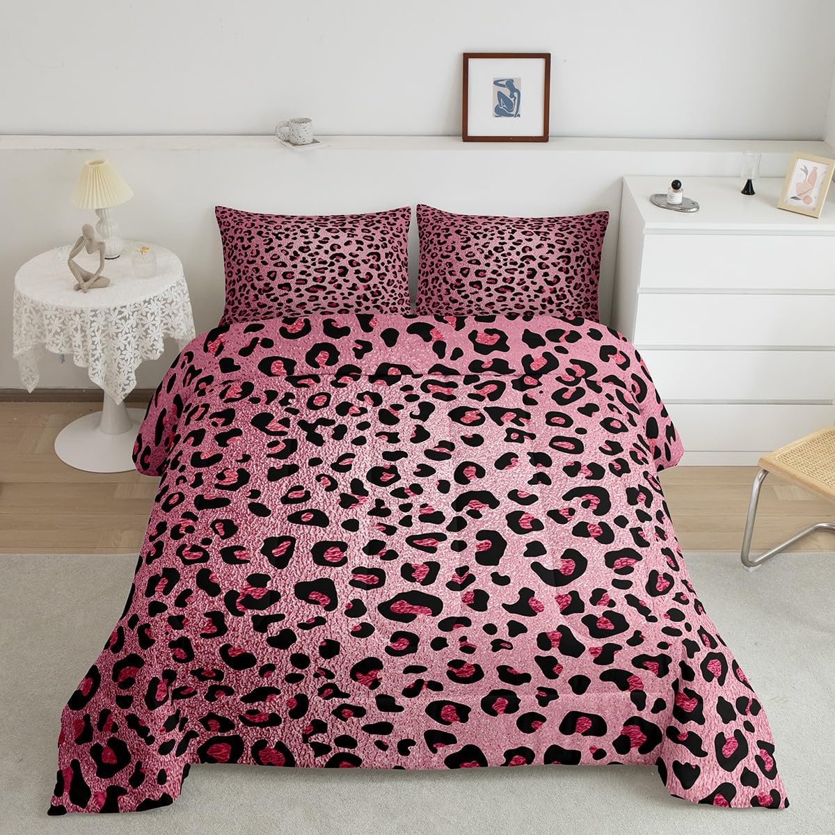 Homewish Pink Leopard Print Comforter Set Twin Size,Cheetah Bedding Set 2pcs for Kids Teens Girls Adults Room Decor,Wild Animal Skin Texture Quilt Set Romantic Fashion Duvet Insert with 1 Pillowcase