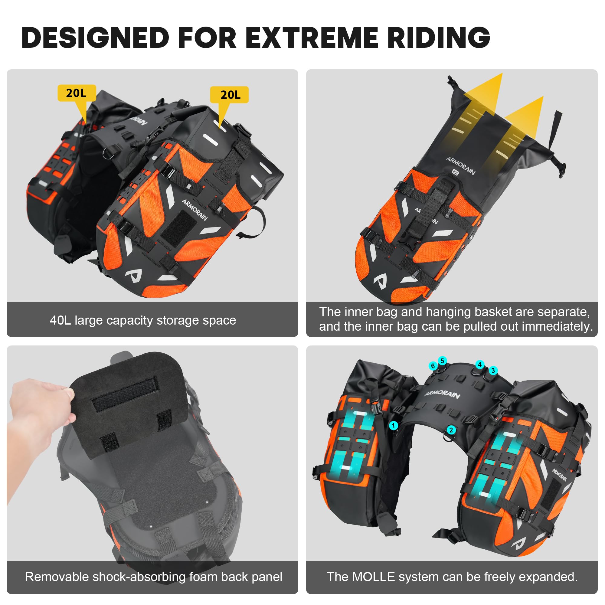Borse da Moto impermeabili 40L Sistema da Viaggio Senza Bauletto Base Removibile 2026 per avventura, Attrezzatura da Moto (20L*2)(Arancione)