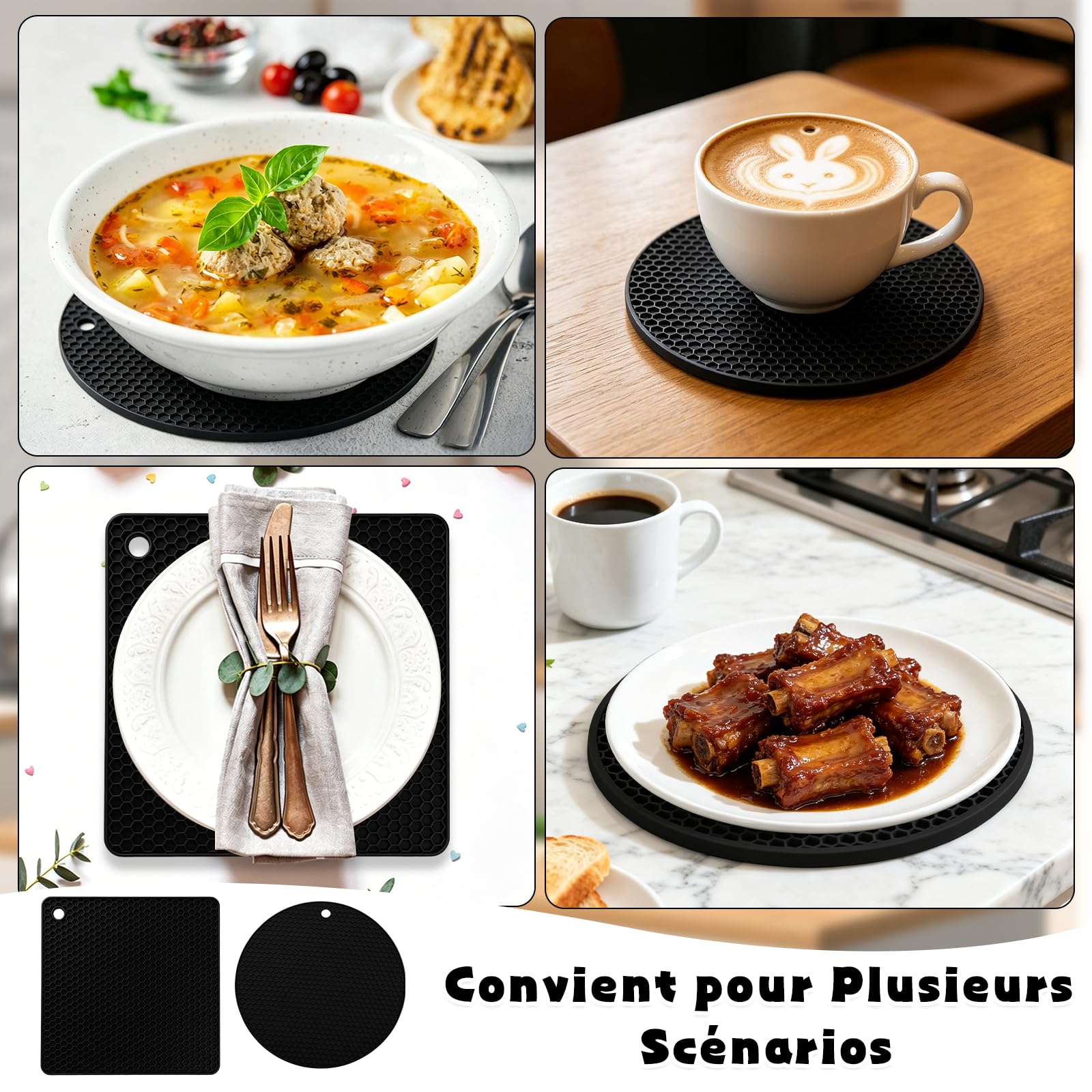 Scettar 4 Pcs Dessous de Plat en Silicone(2 Circulaire+2 Rectangulaire), sous Plat de Table Chaud(Noir), pour Casseroles et Poêles Chaudes, Multi-Usages