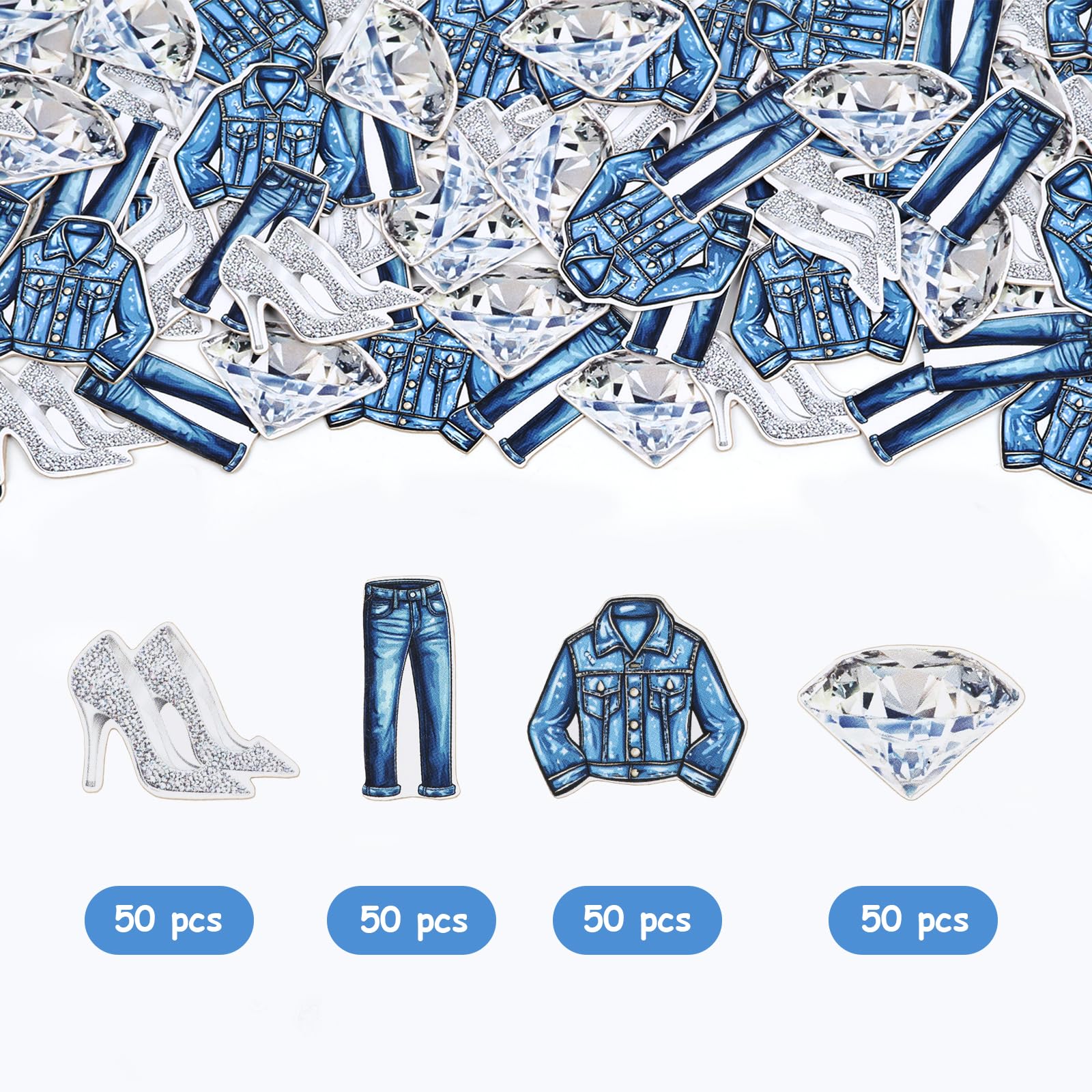 Denim und Diamanten Partydekorationen, 200 Stück Denim und Diamanten Tischkonfetti für doppelseitige Tisch-Party-Dekorationen, Brautschmuck, Geburtstag, Hochzeit, Verlobung