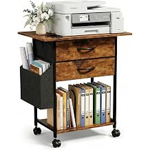 Faesun Printer Stand with Storage, 22'' Printer Cabinet with 2 Fabric Drawers, Rolling File Cabinet for Home Office, Printer Table with File Storage, Side Pocket & Dividers, Rustic Brown