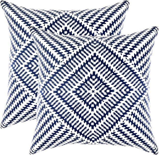 TreeWool (2 Pack Kaleidoscope Accent Cotton Cushion Covers (45 x 45 cm, Navy Blue & White)