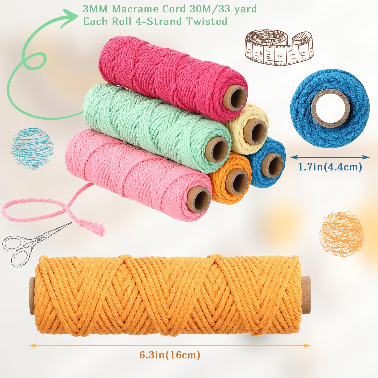 18 rollos de cuerda de macramé de 0.118 pulgadas x 594 yardas, juego de cuerda de cuerda de algodón para macramé de color natural, 4 hebras para colgar en la pared, colgar plantas, tejido de bricolaje 4