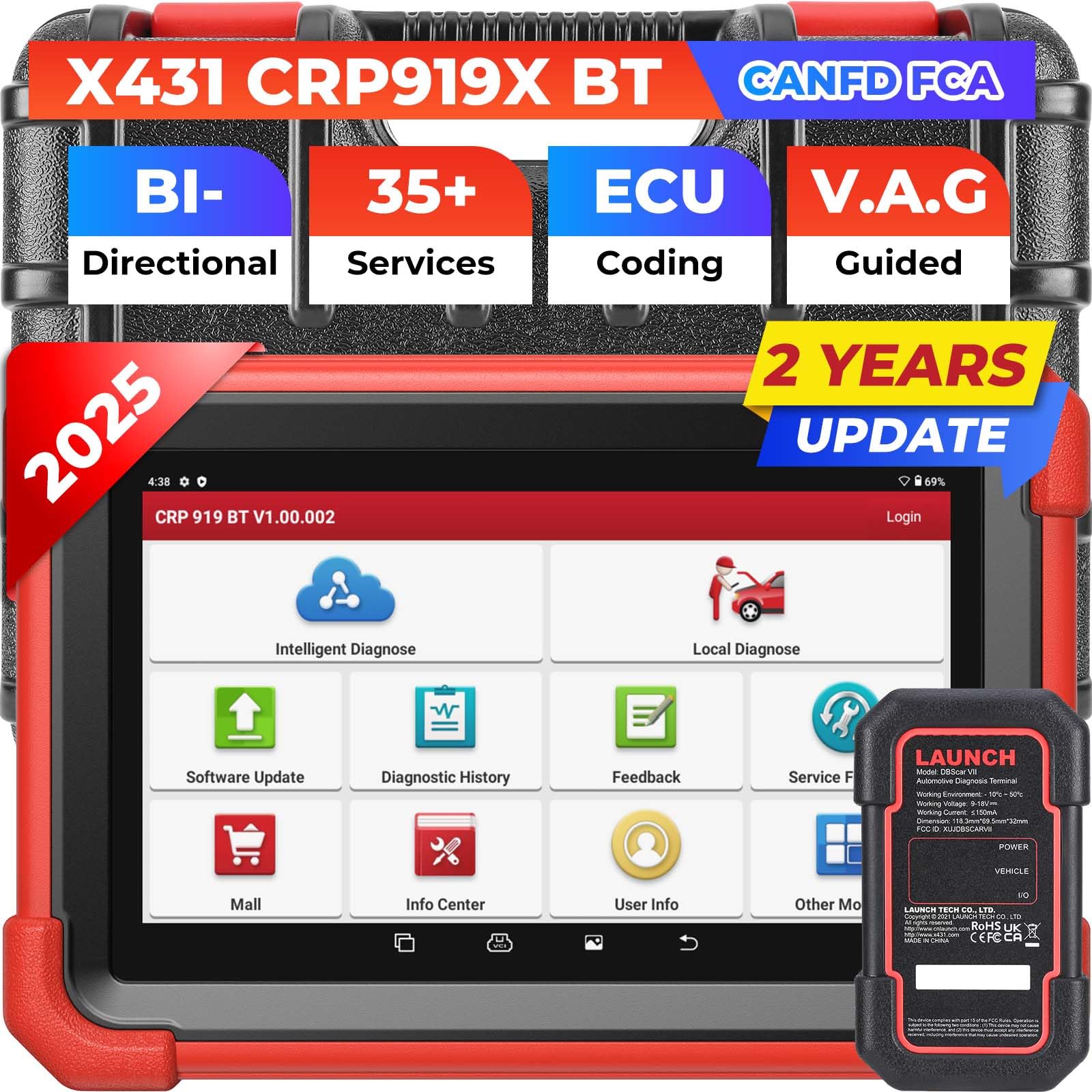 Launch X431 CRP919X BT OBD2 Herramienta de Diagnóstico Bidireccional con 45 + Servicio, Escáner de Diagnóstico de Nivel OE, Prueba Activa, CANFD&DOIP, Codificación ECU