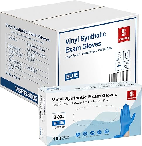 Schneider Vinyl Synthetic Exam Gloves, Blue, 4mil, Powder-Free, Latex-Free, Disposable Glove for Medical, Food Prep, Cleaning Schneider Vinyl Synthetic Exam Gloves, Blue, 4mil, Powder-Free, Latex-Free, Disposable Glove for Medical, Food Prep, Cleaning