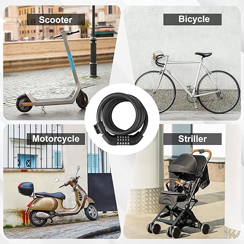 Miniatura 7 de Cerradura de scooter E, cerradura de bicicleta de 4 pies de alta seguridad, bloqueo de combinación de 5 dígitos, cerradura antirrobo resistente con