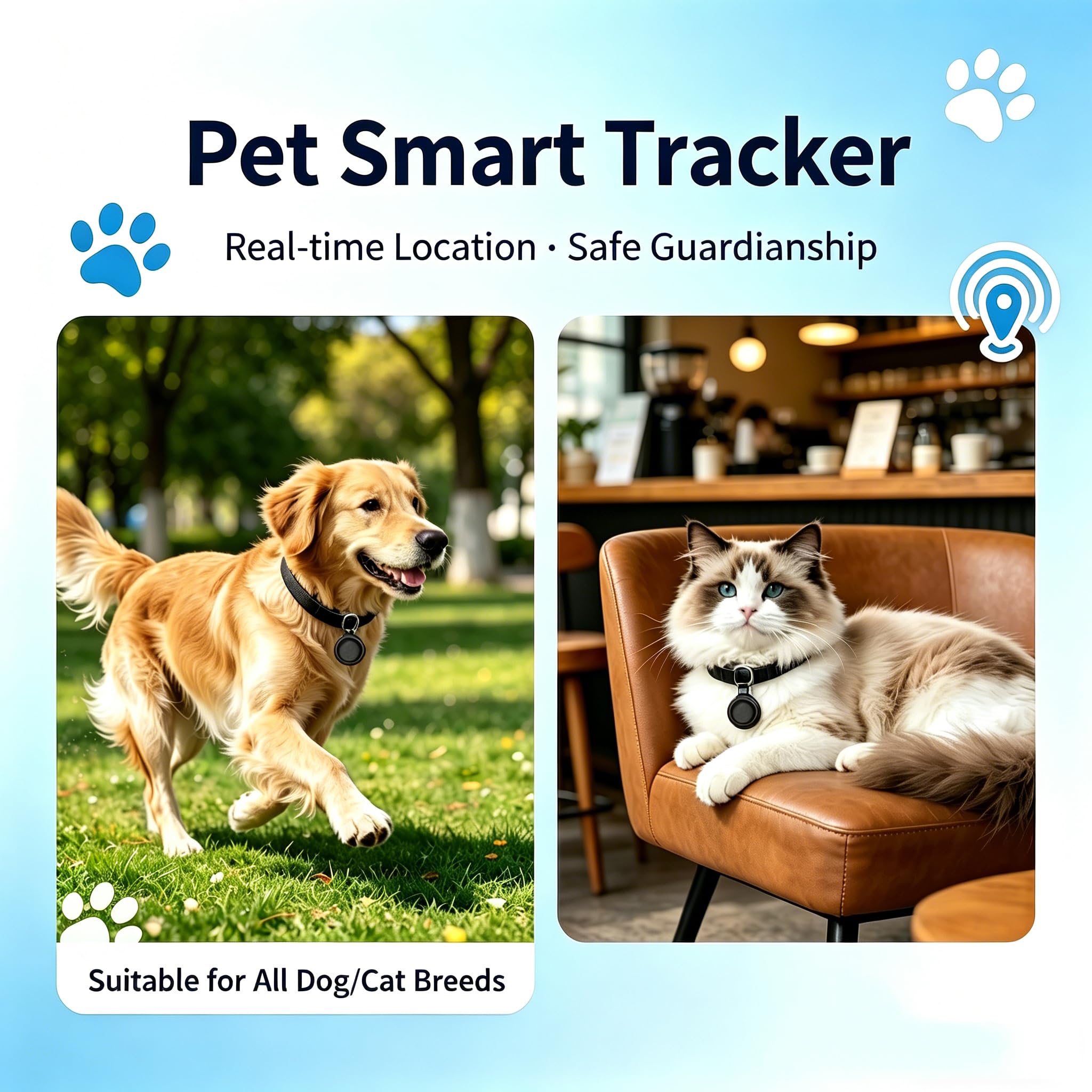 Localizzatore GPS per cani/gatti, collare intelligente con posizione in tempo reale, localizzatore di posizione per animali domestici con supporto, senza canone mensile/nessuna scheda SIM, funziona